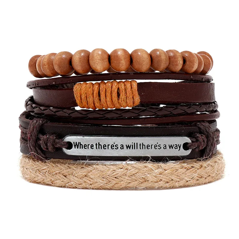 fashion cross letter pu leather beaded unisex bracelets 4 pieces