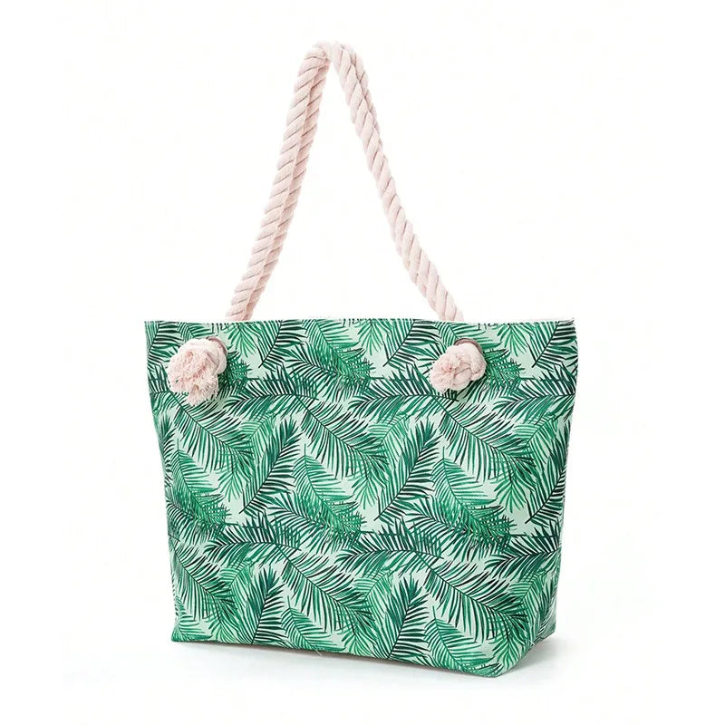 Women's Large Polyester Leaves Flower Classic Style Zipper beach bag