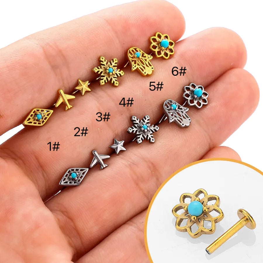 Simple Style Commute Palm Snowflake 316L Stainless Steel  Turquoise lip stud Ear Studs 1 Piece