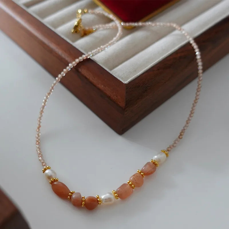 Retro Japanese Style Geometric natural stone Freshwater Pearl Agate Pendant Necklace In Bulk