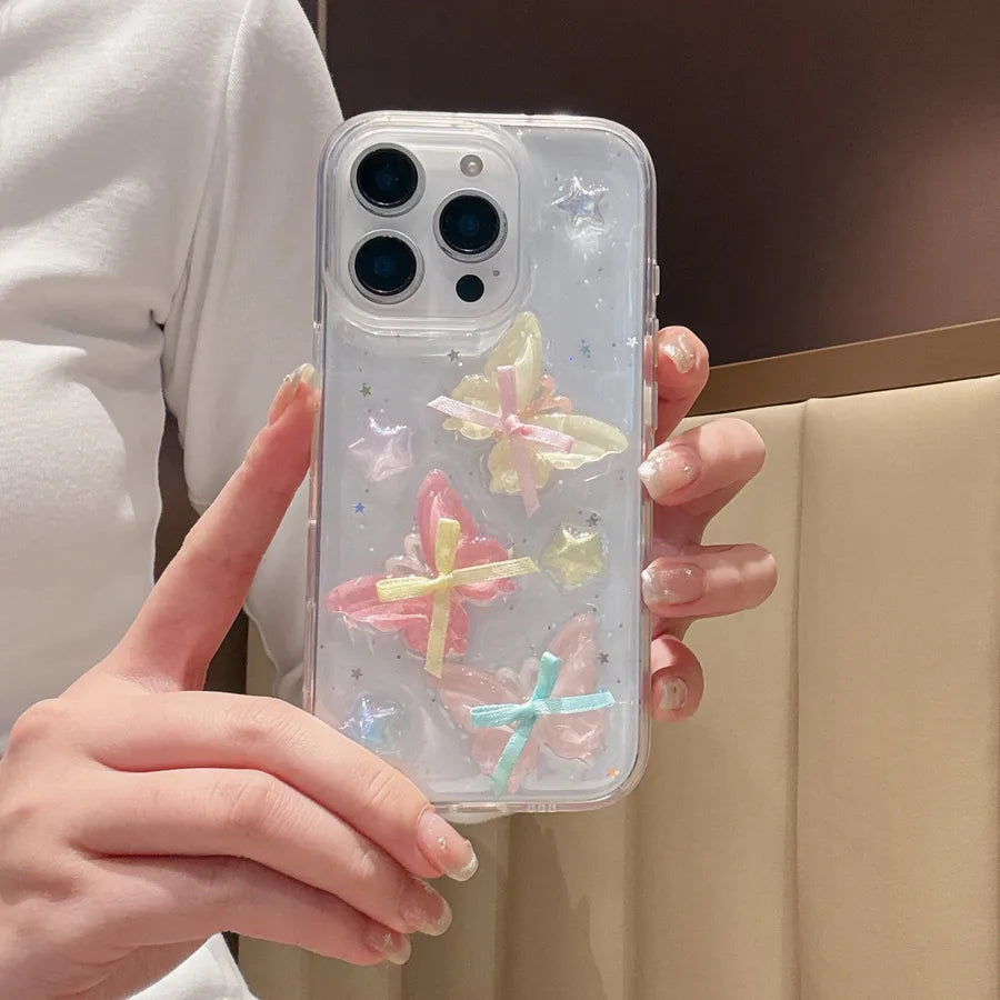 Trendy Butterfly Knot Silk Ribbon Phone Case For iPhone 16 Apple 15/14 Pro Max Women's 13 Silicone Transparent Color Drip Glue