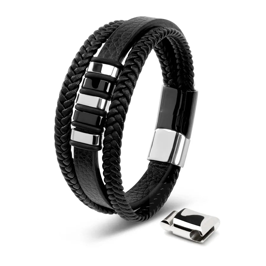 Men's Leather Bracelet Two-Tone Magnetic Buckle Gold Steel Stainless Steel Three-Section Buckle Men's Black Leather Bracelet
