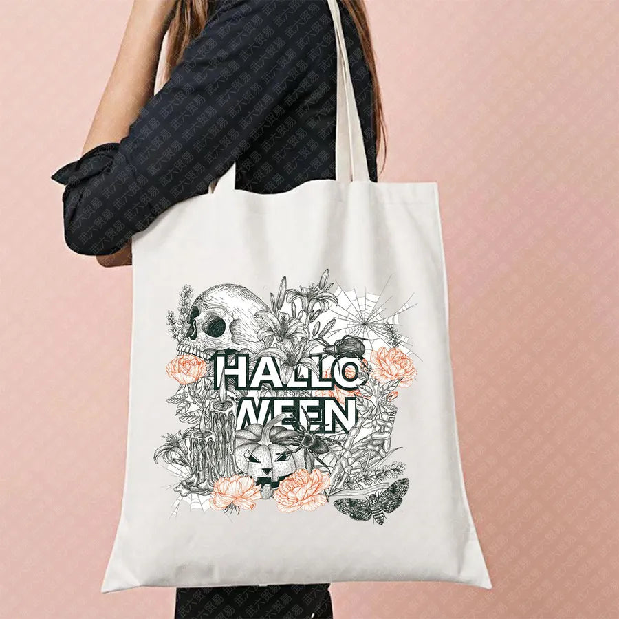 Scary Cat Halloween Pumpkin Pattern Canvas Tote Bag Reusable Shopping Bag Large Square Shape Double Shoulder Strap Tote Bag