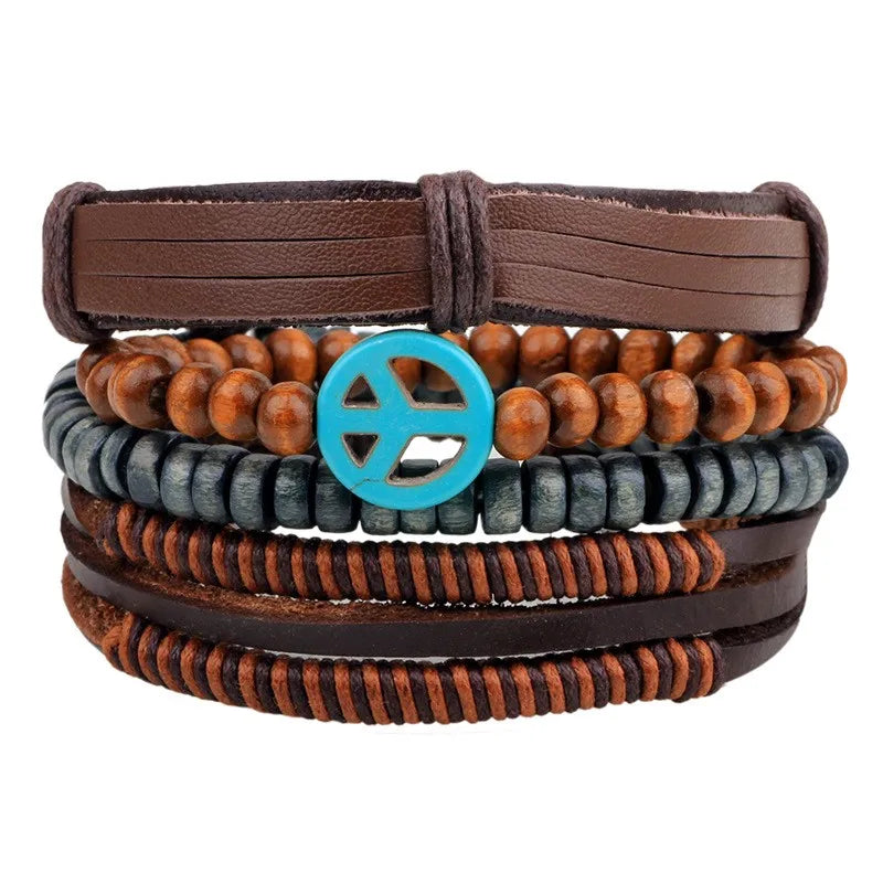 casual letter feather wings pu leather alloy beaded patchwork men's bracelets
