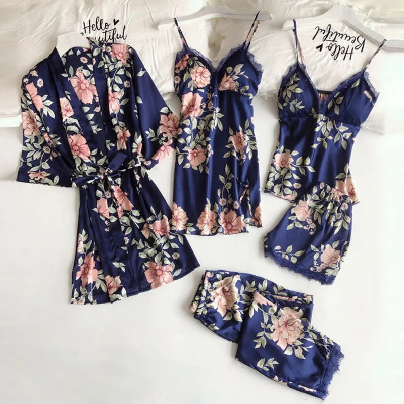 Home Outdoor Daily Women's Elegant Sexy Flower Spandex Satin Pants Sets Pajama Sets