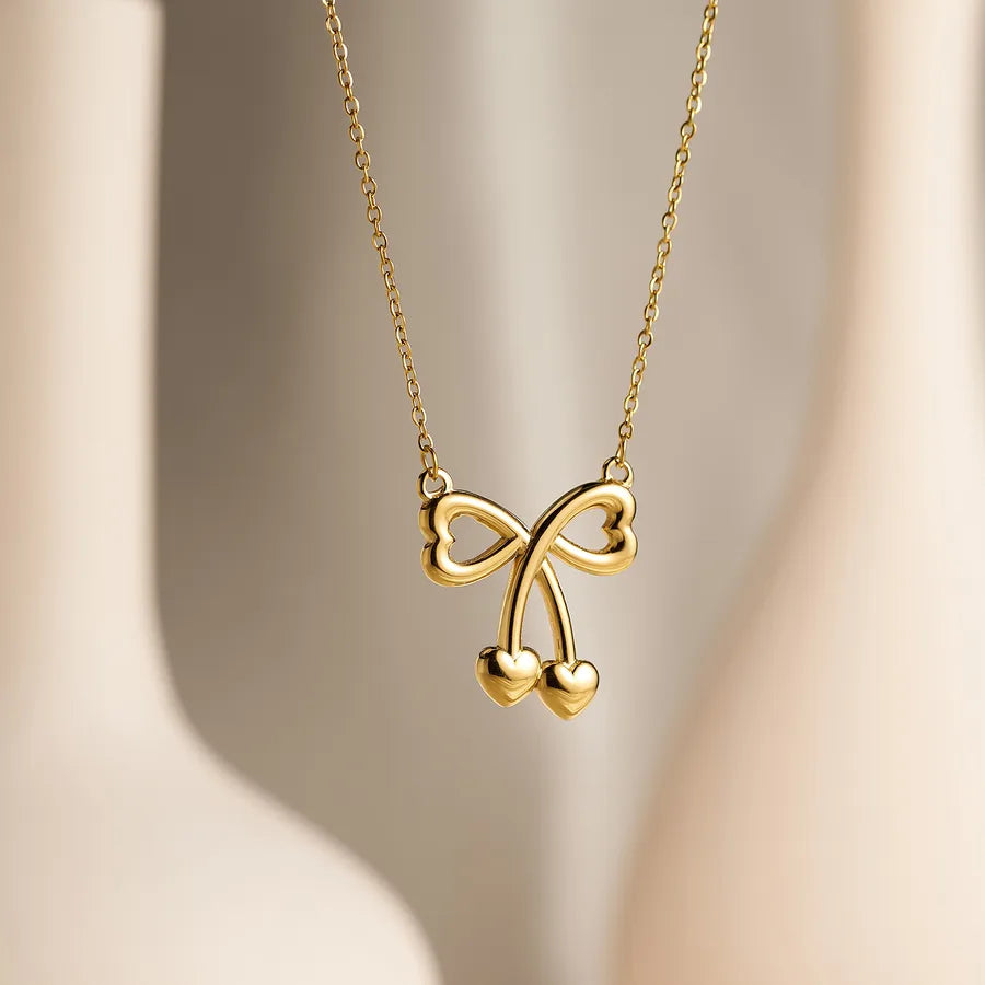 Wholesale Jewelry IG Style Cute French Style Heart Shape Bow Knot 304 Stainless Steel 18K Gold Plated O-shaped chain Pendant Necklace