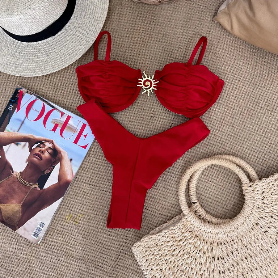 Women's Solid Color 2 Pieces Set Bikinis Swimwear