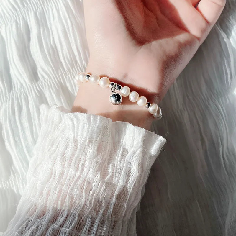 925 Sterling Silver Freshwater Pearl Beaded Chain Bracelets Casual Vacation Modern Style