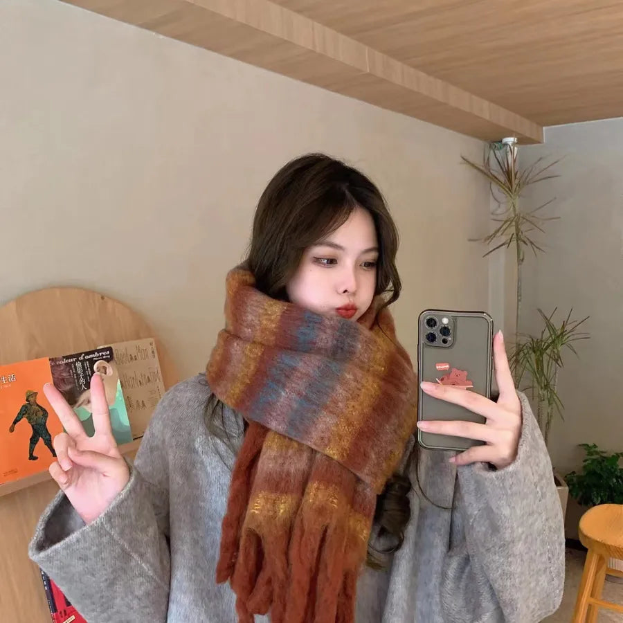 women's fashion stripe polyester tassel winter scarves