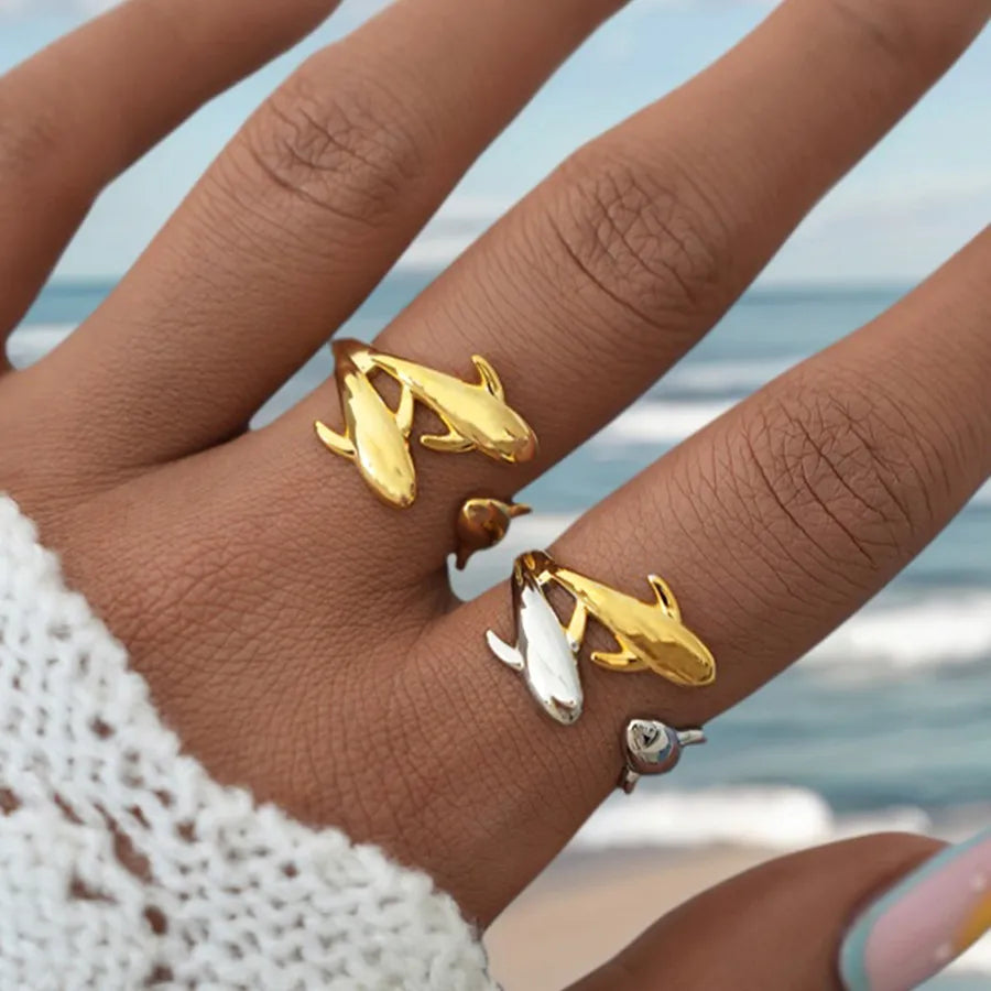 Wholesale Jewelry Hawaiian Vacation Beach Dolphin Fish 304 Stainless Steel 18K Gold Plated Marine Life Open Rings