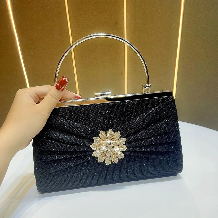 Elegant Dinner Party Handbag Shoulder Bag Polyester Square Shape Mobile Phone Wallet Folded Design Chain Diamond Embellished
