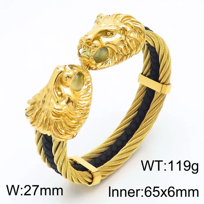 Retro Punk Animal Lion Stainless Steel 18K Gold Plated Bangle In Bulk