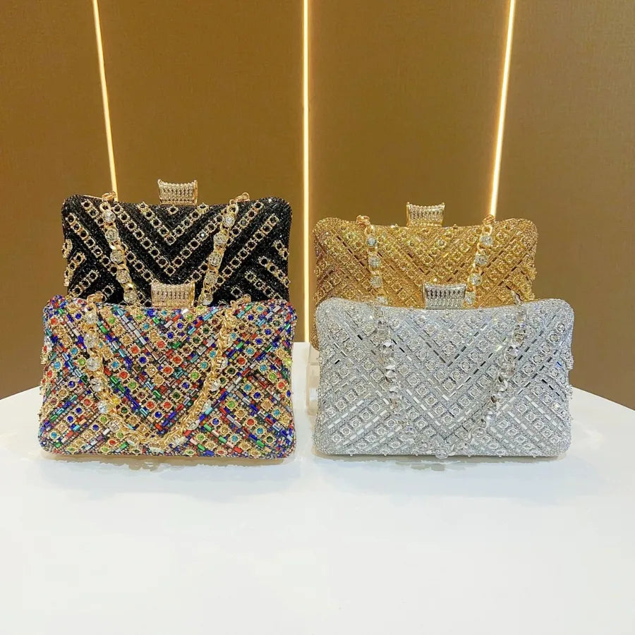New Evening Gown Diamond Clutch Bag Single Shoulder Crossbody Women's Handbag Pillow Shape Polyester Striped Pattern