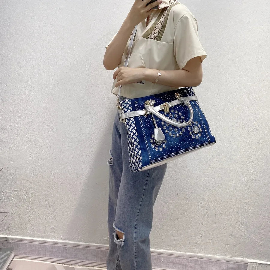 Women's Medium Denim Geometric Streetwear Lock Square Zipper Tote Bag