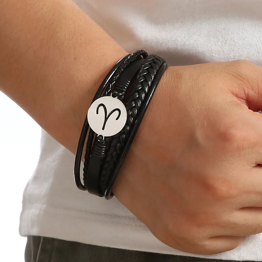 Simple Style Constellation 316 Stainless Steel  Pu Leather Layered Men's Bangle