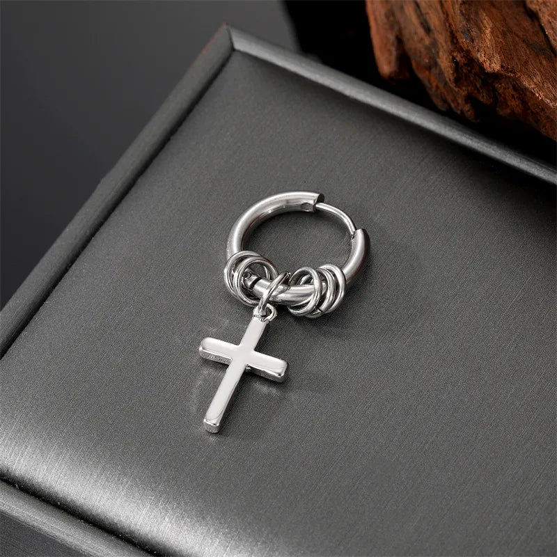 punk triangle cross feather stainless steel plating dangling earrings 1 piece
