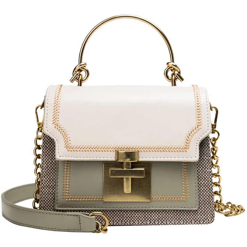 women's small pu leather color block fashion square lock clasp handbag