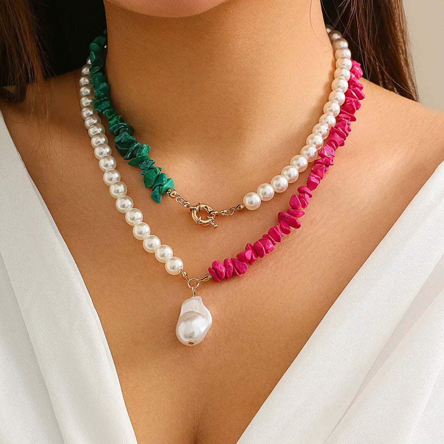 Retro Vacation Geometric Imitation Turquoise Imitation Pearl Alloy Beaded Chain Layered Necklaces Wholesale