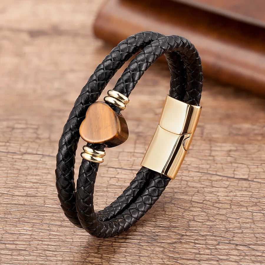 classic style streetwear heart shape stainless steel stone men's bracelets