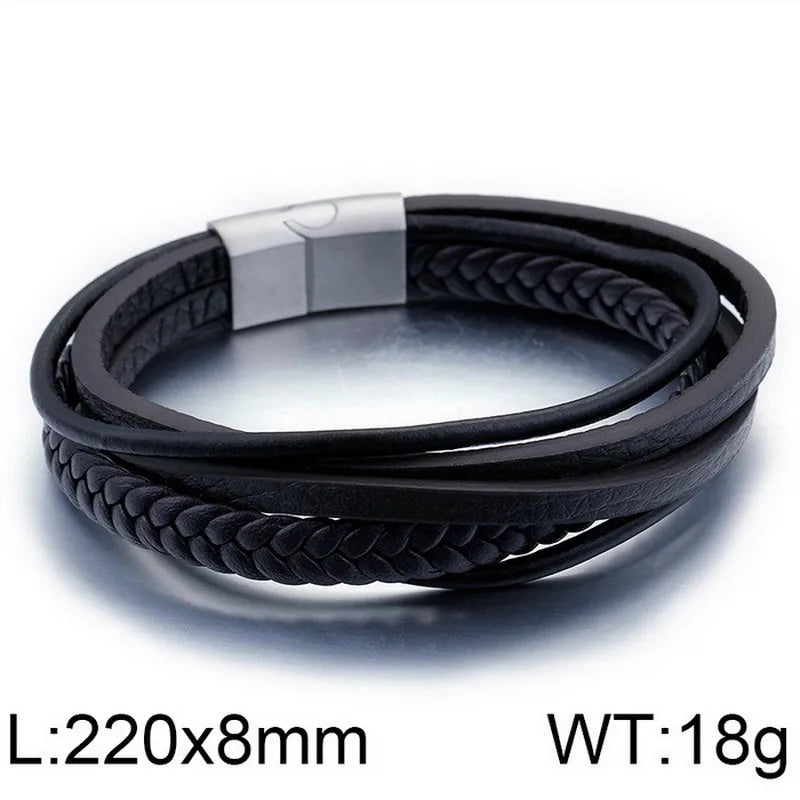Retro Color Block Pu Leather Titanium Steel Braid 18K Gold Plated Men's Bracelets