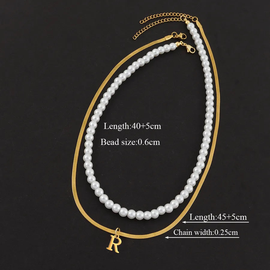 Casual Elegant Simple Style Letter 201 Stainless Steel 304 Stainless Steel Artificial Pearl Beaded Chain snake chain Layered Necklaces Wholesale