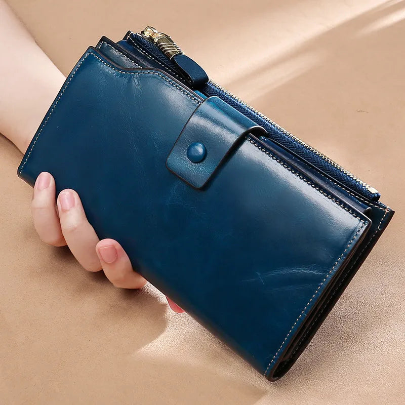 Genuine Leather Long Women's Wallet rfid Anti-theft Brush Multi-card Wallet Vintage Oil Wax Leather Girl's Clutch