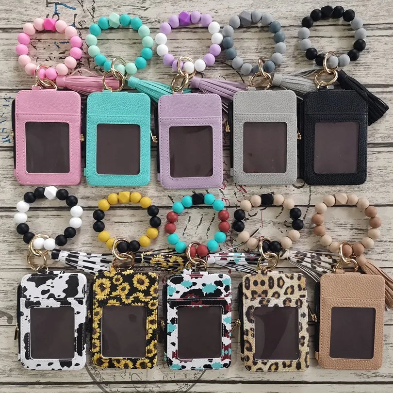 cute flower leopard leather women's keychain