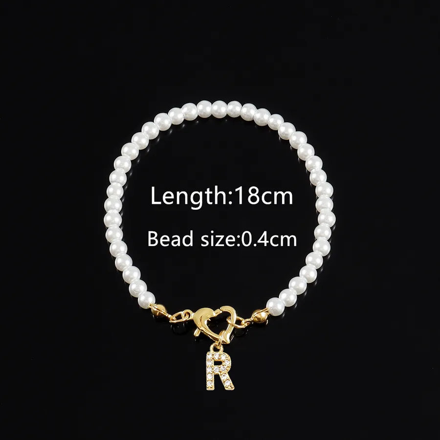 Elegant Classic Style Letter Heart Shape Zircon Artificial Pearl Copper Beaded Chain Beaded Bracelets Wholesale