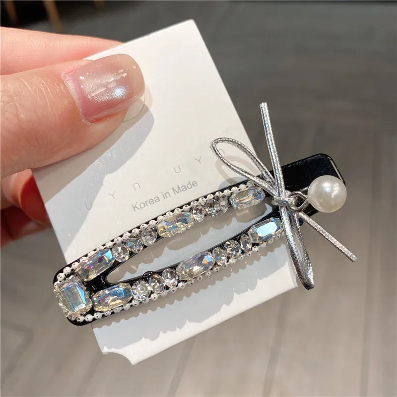 New Elegant Zircon Diamond Hair Clip High-End Silver Butterfly Knot Pearl Rhinestone Edge Duckbill Hair Clip Women's Headwear