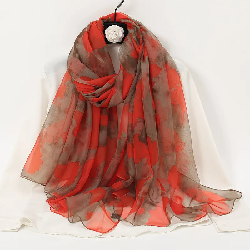 women's elegant lady color block high quality yarn printing silk scarf
