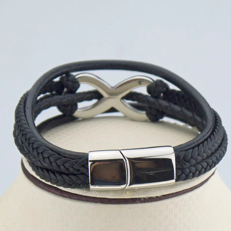 Casual Retro Solid Color 304 Stainless Steel Pu Leather Braid Handmade Men's wristband