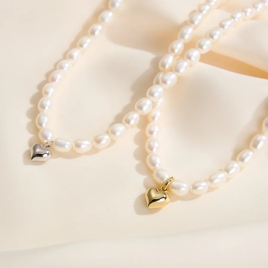 925 Sterling Silver Freshwater Pearl Long-Lasting Plated Beaded Chain Heart Shape Necklace