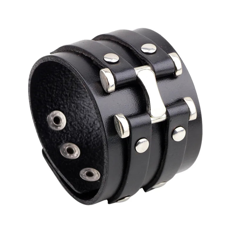 1 piece punk letter solid color alloy leather polishing men's wristband