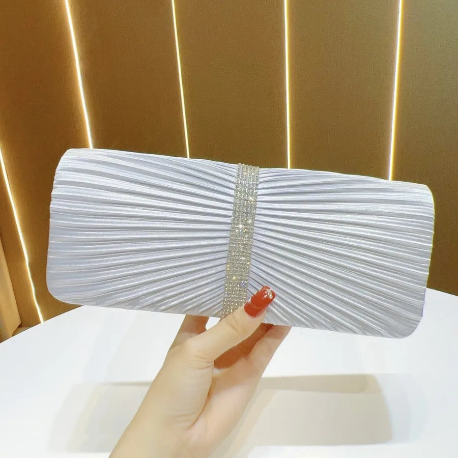 New Fashionable  Folded Evening Bag Surface Satin Handheld Diamond Encrusted Women's Crossbody Bag