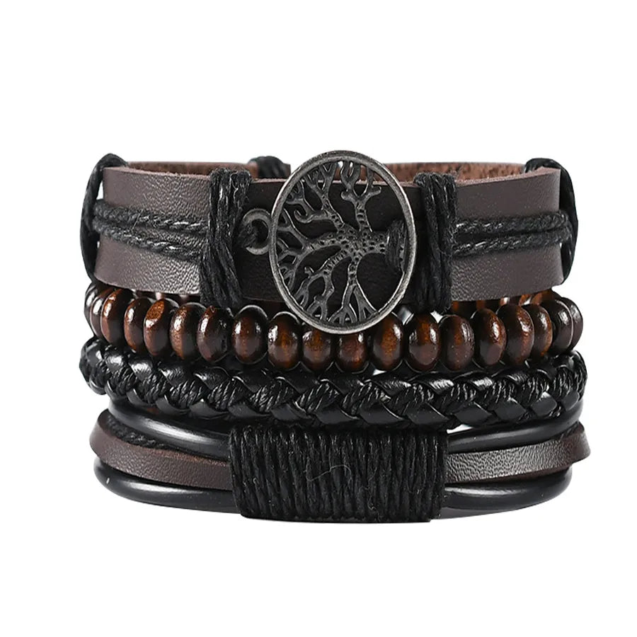 Retro Waves Flower Pu Leather Wood Beaded Men's Bracelets