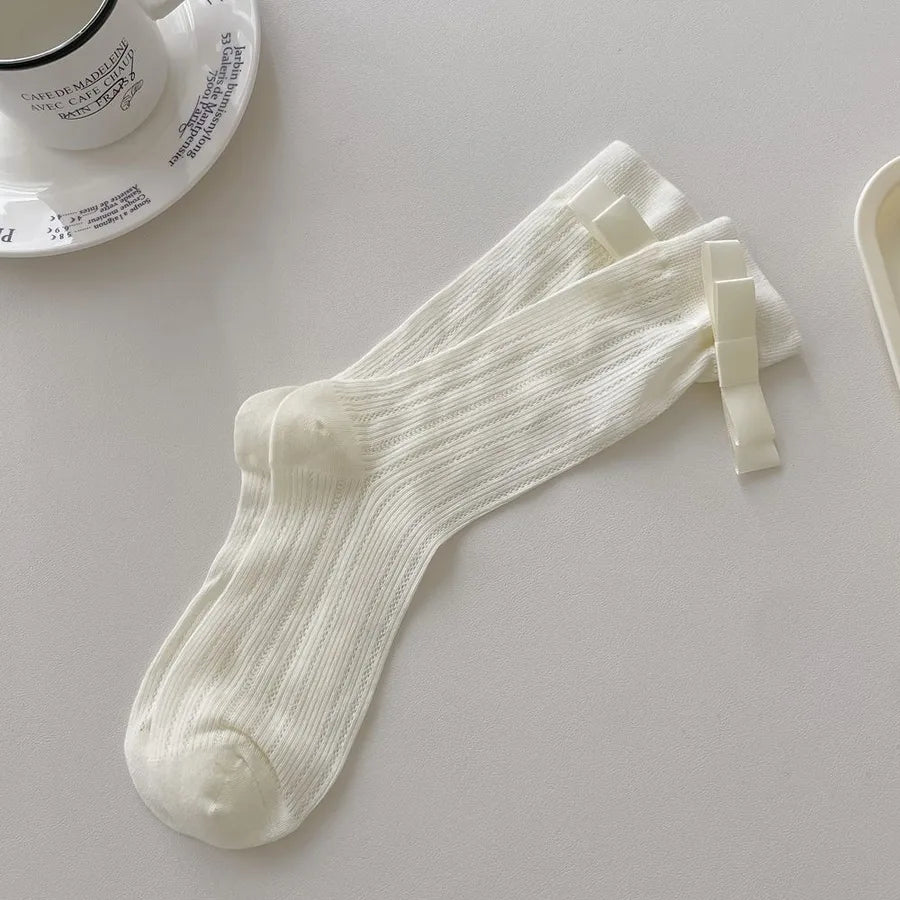 A Pair Basic Simple Style Women's Solid Color Bow Knot Cotton Crew Socks