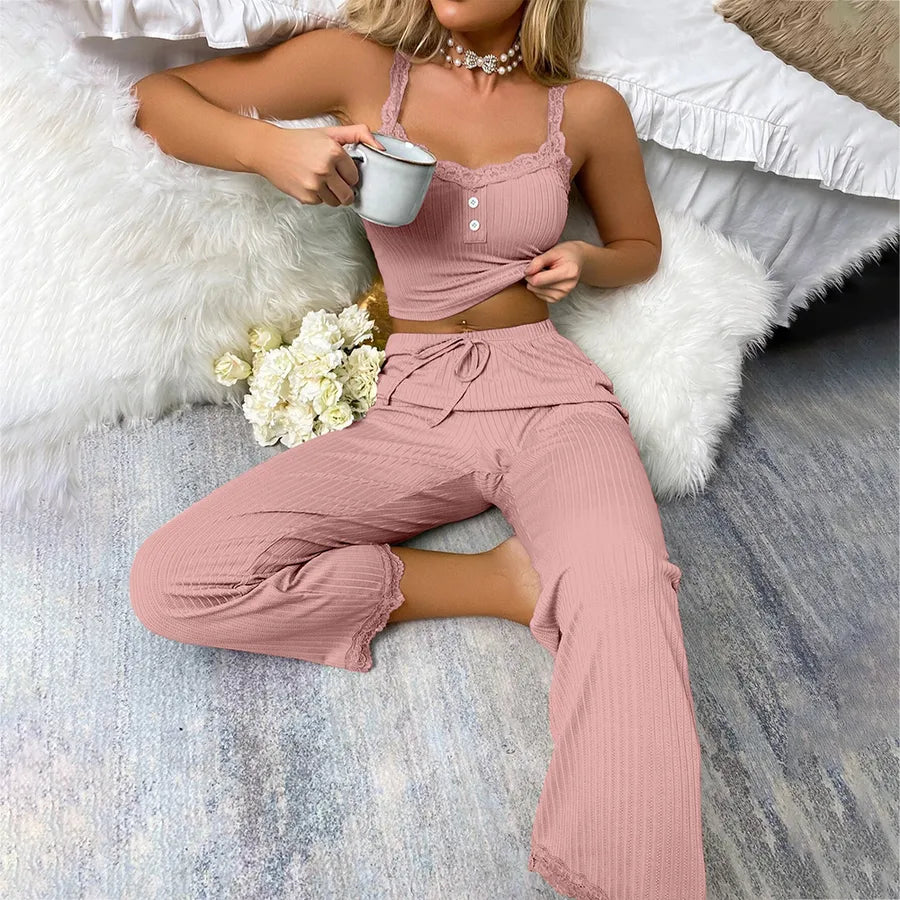 New Multicolor Lace Sling Trousers Two-piece Set Women's Home Clothes pajamas