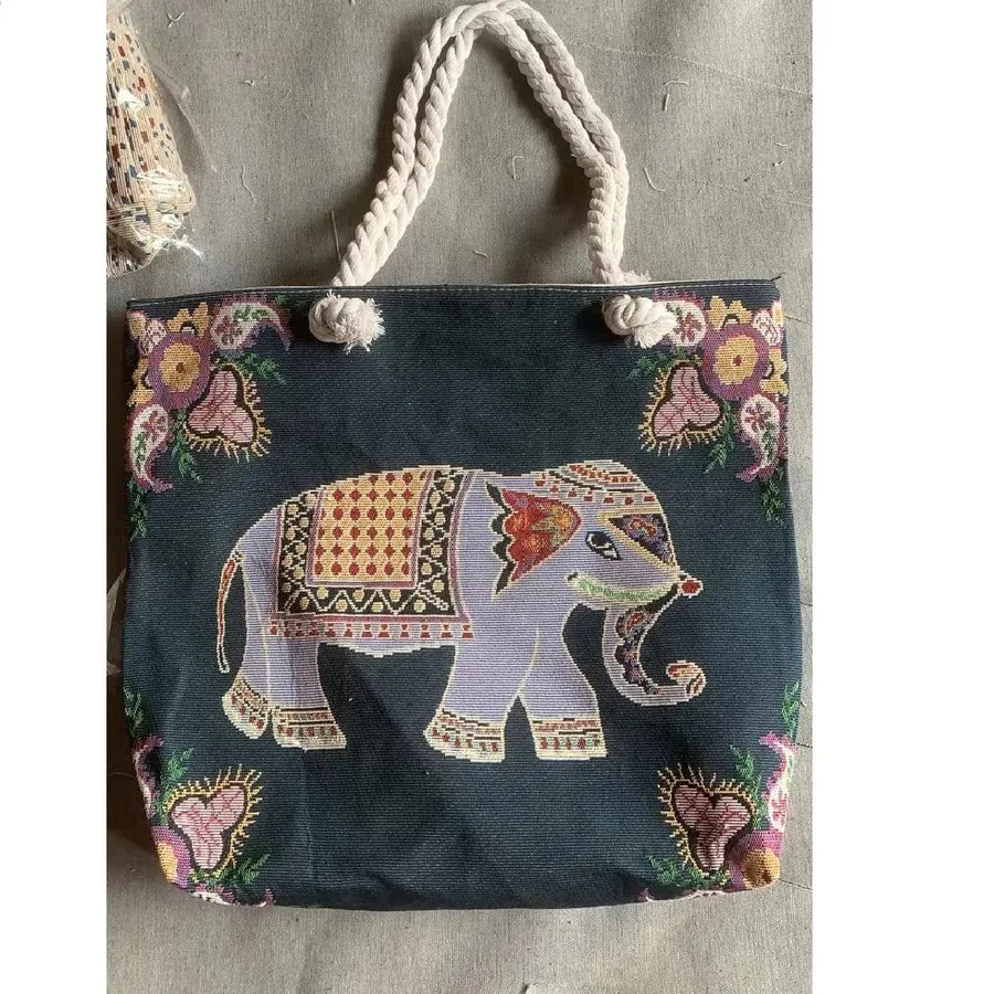 Women's Large Canvas Animal Cartoon Vacation Ethnic Style Bucket Zipper Tote Bag