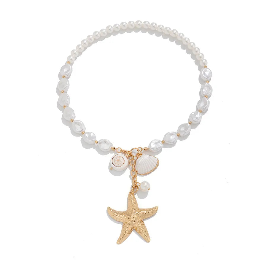 Beach Starfish Shell Imitation Pearl Alloy Iron Beaded Chain Layered Necklaces Wholesale