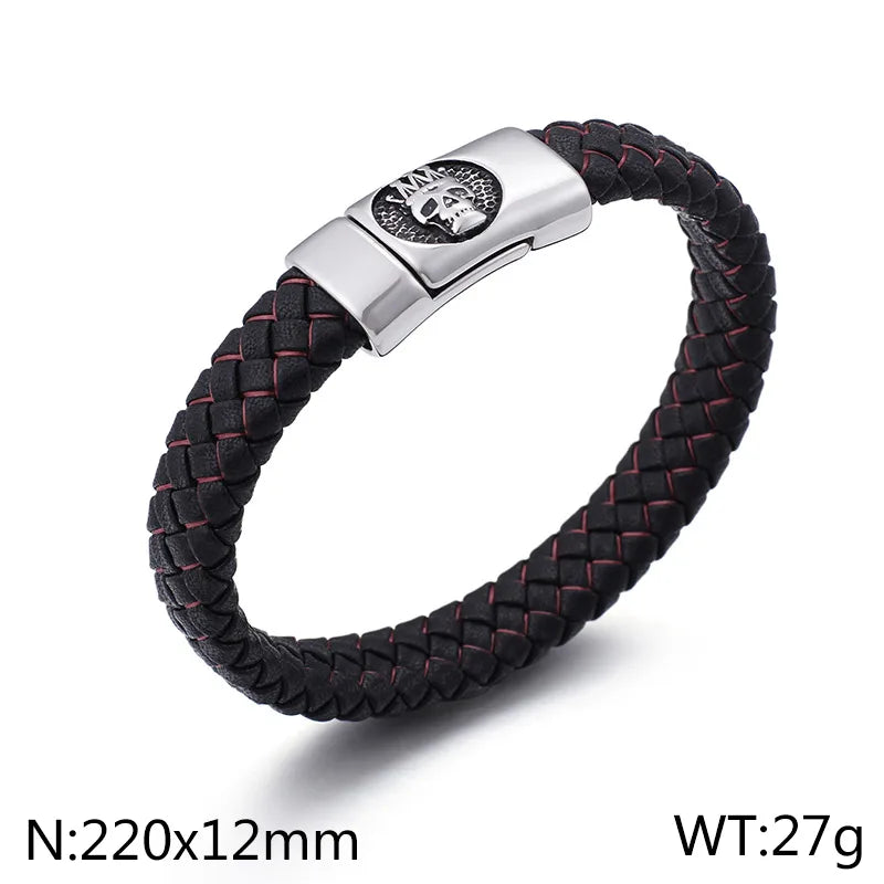 hip-hop retro color block pu leather titanium steel braid men's bangle