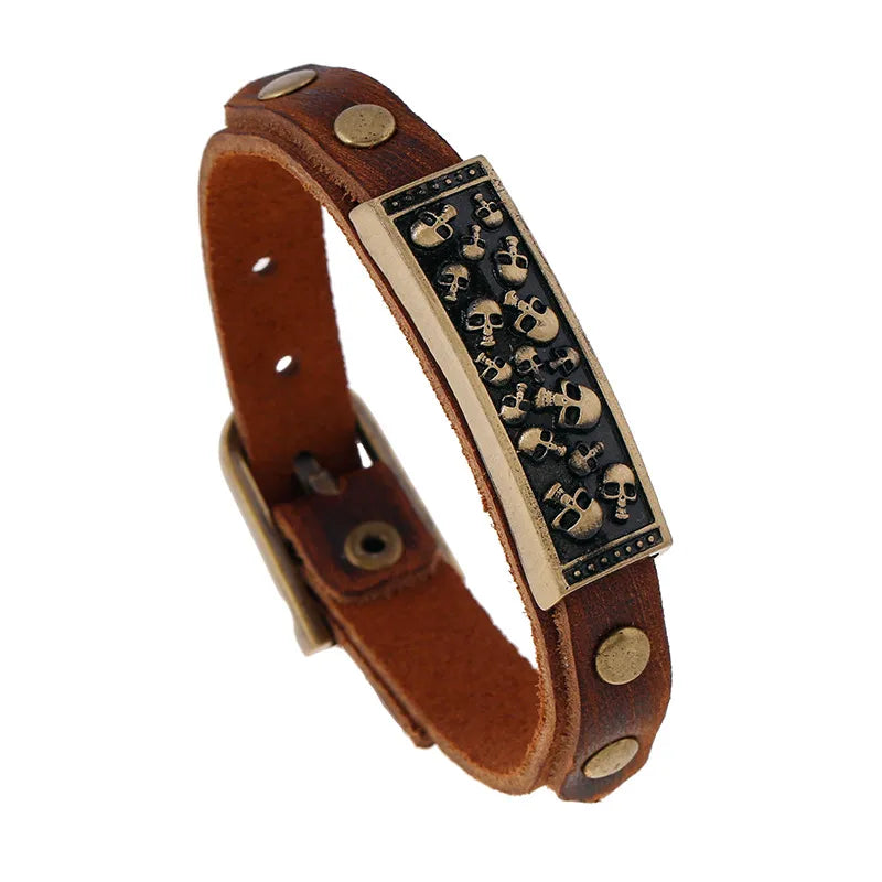 Retro Classic Style Skull Alloy Cowhide Men's Bracelets Men Cord & Leather Bracelets