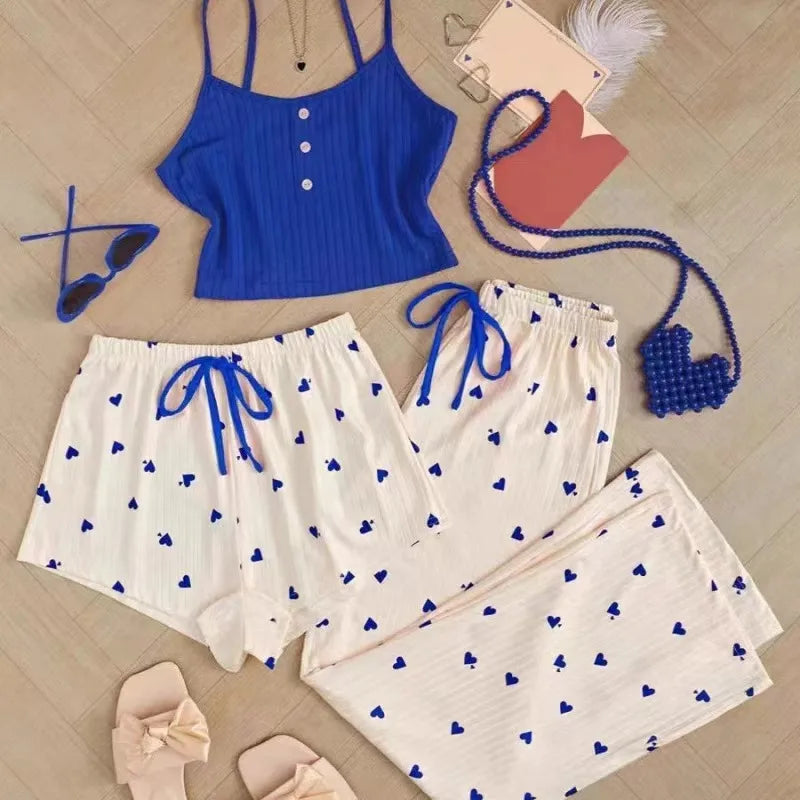 Popular Sexy Ribbed Home Wear Women's Pajamas Waist-Cinching Heart Print 3-Piece Set