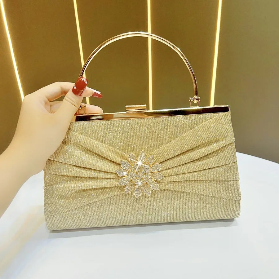 Elegant Dinner Party Handbag Shoulder Bag Polyester Square Shape Mobile Phone Wallet Folded Design Chain Diamond Embellished