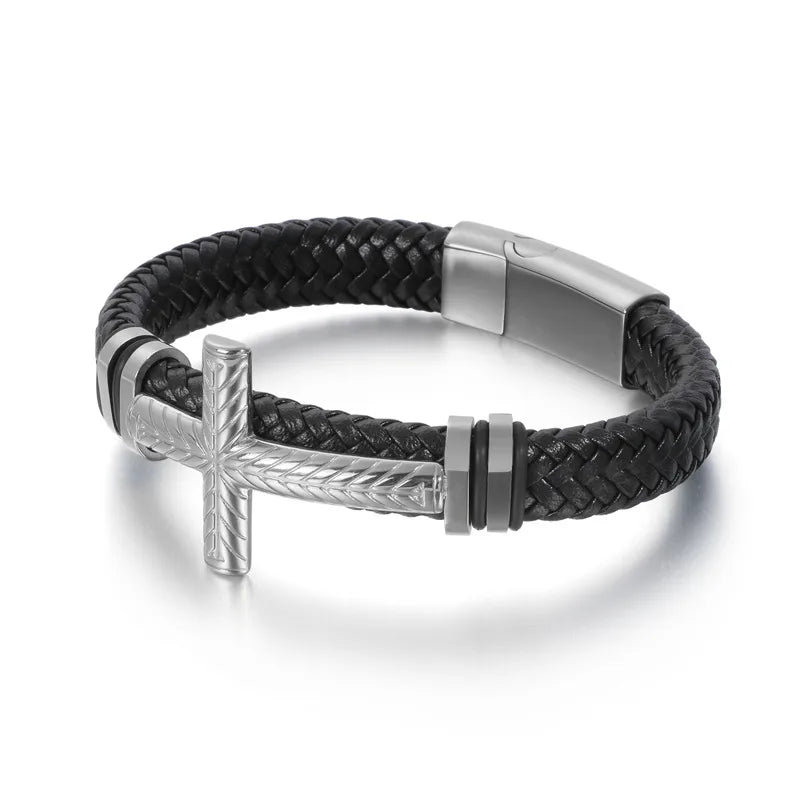 1 piece fashion cross cowhide titanium steel plating men's bangle