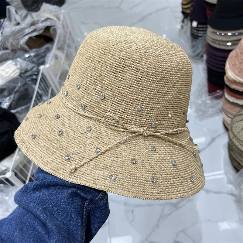 Handmade Laffey Grass Fishing Hat Women Summer Sun Protection Beach Hat Pearl Rhinestone Pot Hat Coastal Sand Beach Cap