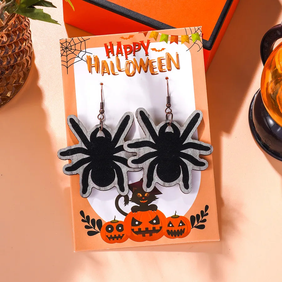 Creative Halloween Theme Wooden Pumpkin Spider Cat Earrings Quirky Cartoon Style Women's Simple Design Dangle Stud Earrings