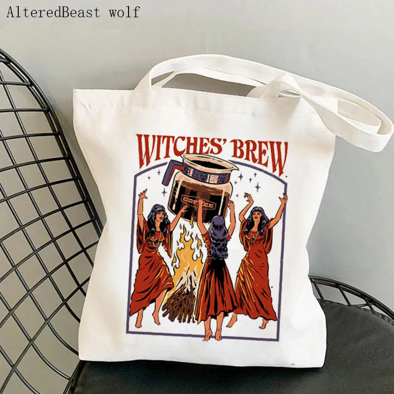 Magic Witch Pastel Gothic Handbag Printed Canvas Tote Single Shoulder Shopping Bag Ladies Fashion Handbag