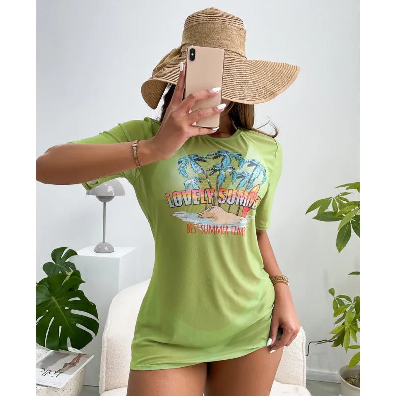 Women's Vacation Letter Coconut Tree 3 Pieces Set Bikinis Swimwear