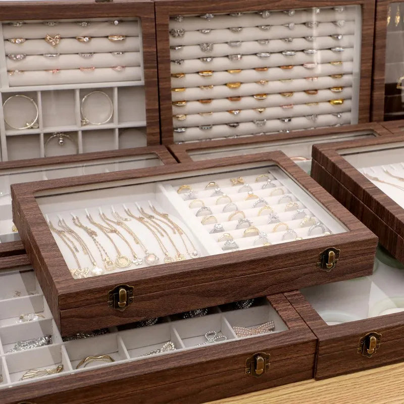 Retro Style Wooden Texture Leather Jewelry Box With Glass Lid Dustproof Storage For Rings Necklaces Bracelets Accessories Display