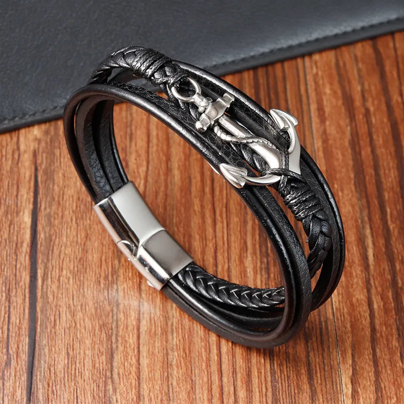 Retro Classic Style Geometric Pu Leather Titanium Steel Woven Chain Wrap Bracelets Wholesale